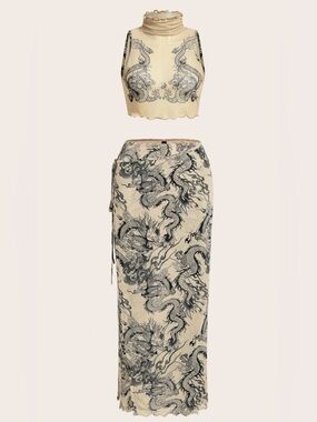 Cream Dragon-Print Maxi Skirt